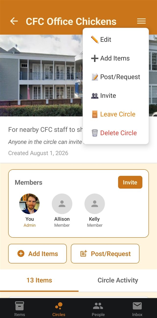 A circle's full menu with options for Edit, Add Items, Post/Request, Invite, Leave Circle, and Delete Circle