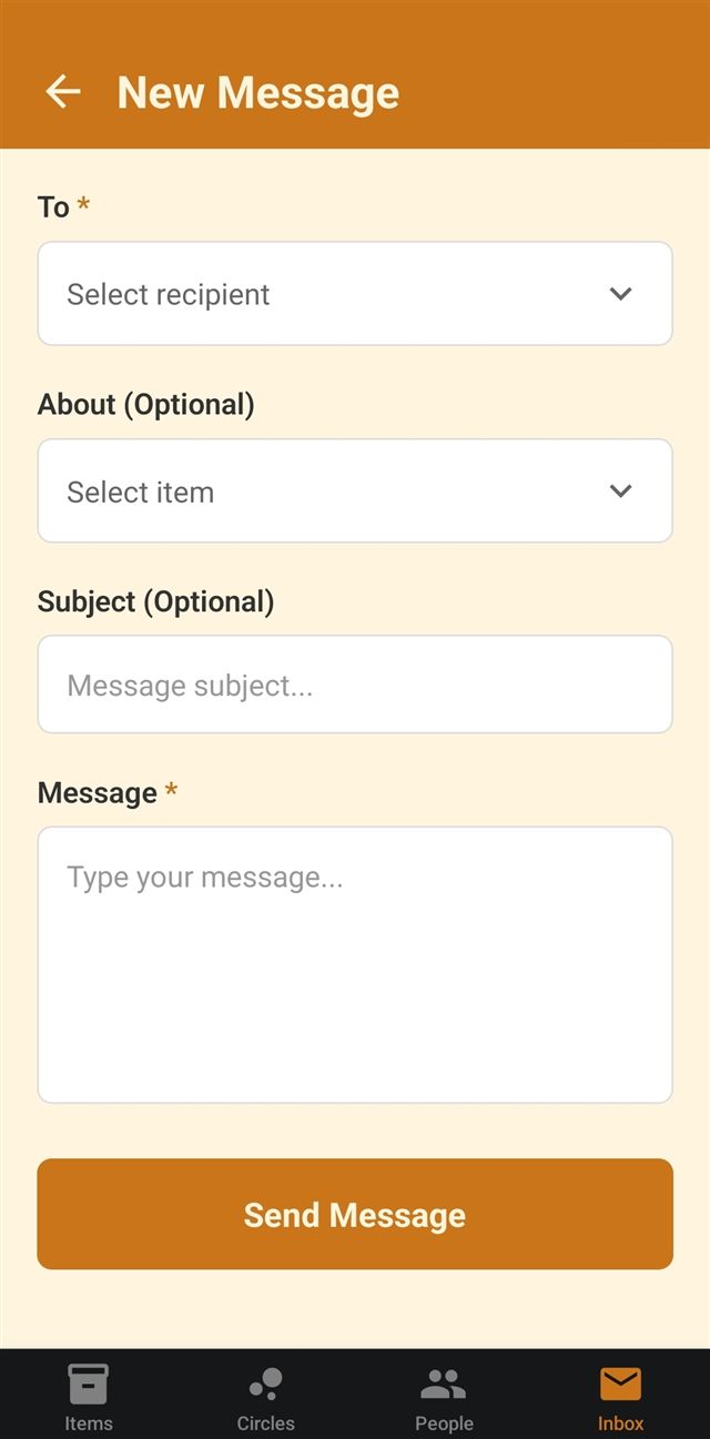 The New Message form with fields for recipient, an optional related item, subject, and message body