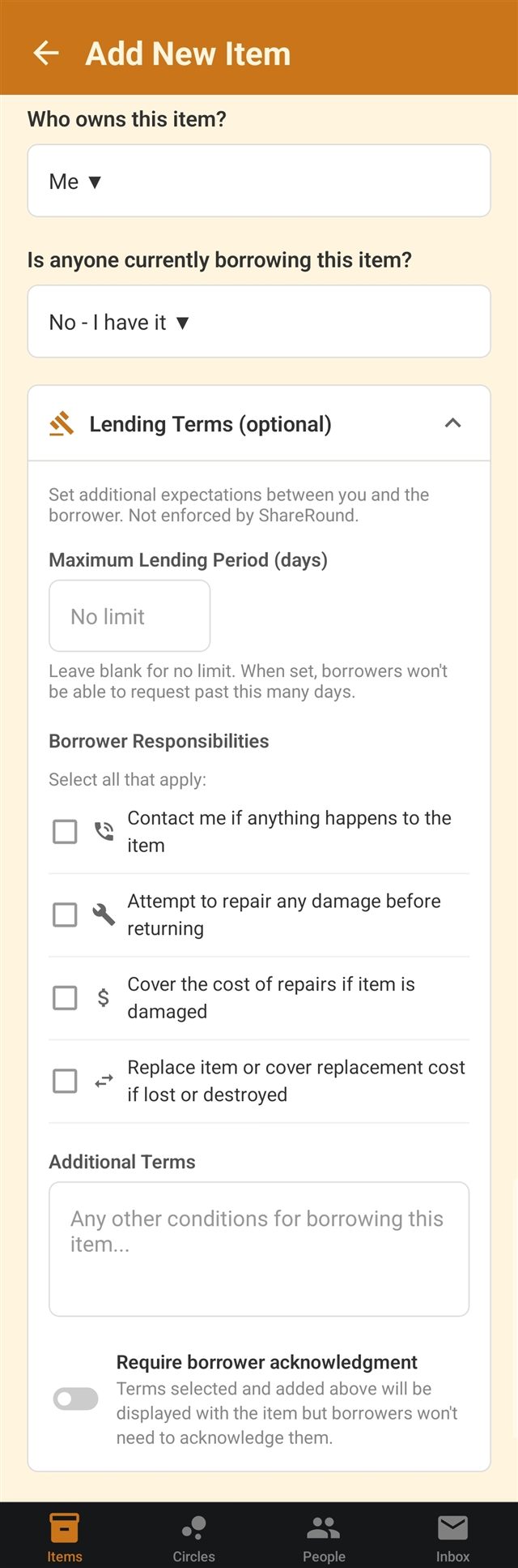 Optional lending terms for an item, including a maximum lending period and a list of borrower responsibility checkboxes