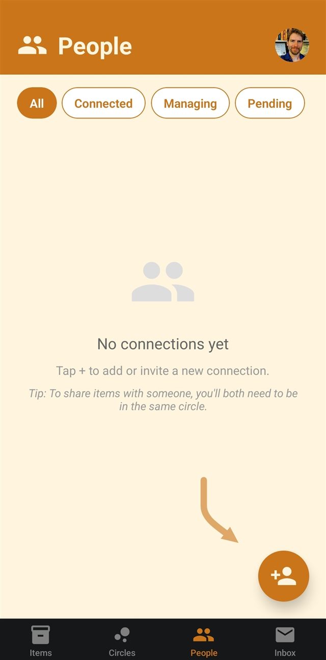 An empty People screen with a message prompting you to tap the plus button to add or invite a connection